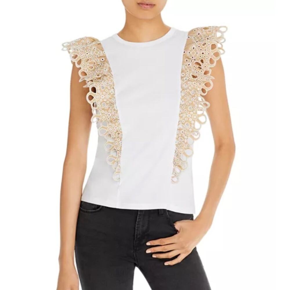 Veronica Beard Jadi Ruffled White Tan T-Shirt size small